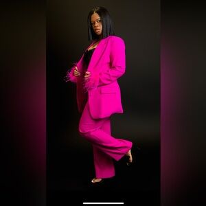 Vibrant Magenta Suit with Feather Cuffs